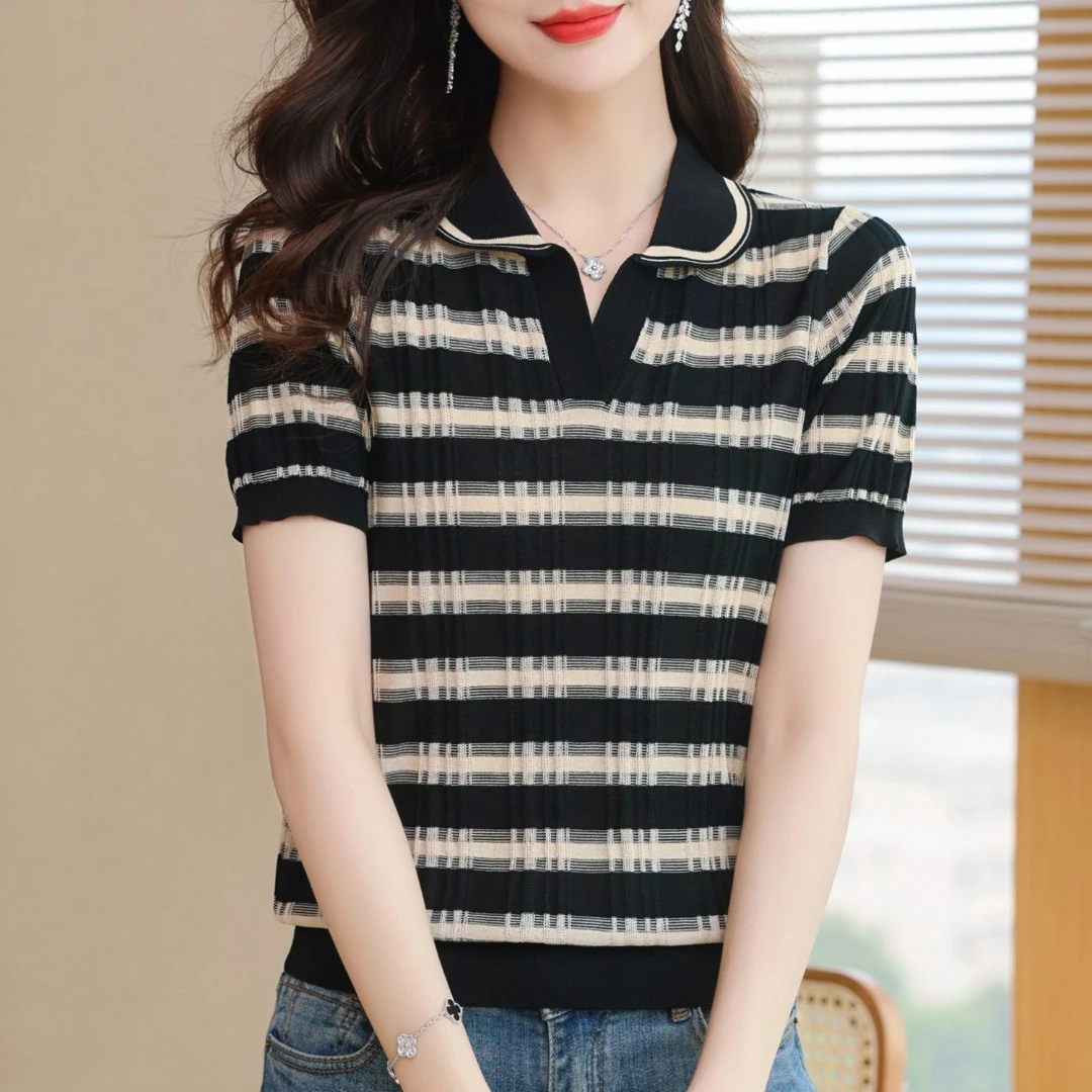 夏季条纹女士短袖翻领宽松薄款衬衫领显瘦透气短款7706