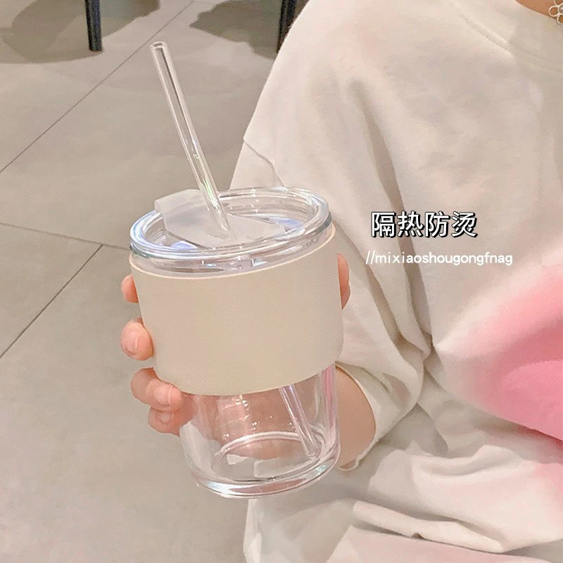 透明竹节玻璃吸管杯 无铅便携水杯带杯套ins牛奶杯玻璃水杯冷萃杯