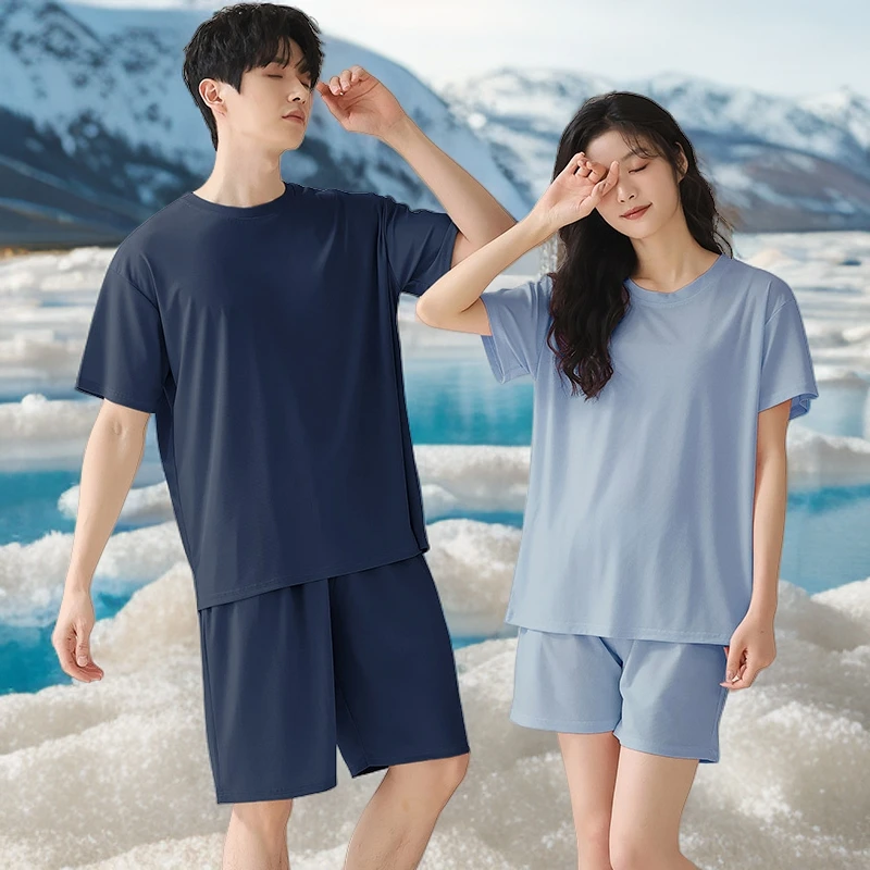 情侣夏季睡衣套装男女大码薄款家居服冰丝短袖短裤休闲外穿居家服