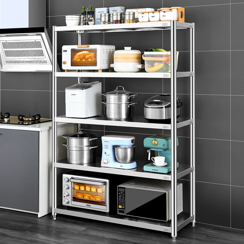 304不锈钢五层厨房置物架多层收纳落地式货架阳台微波炉烤箱架子