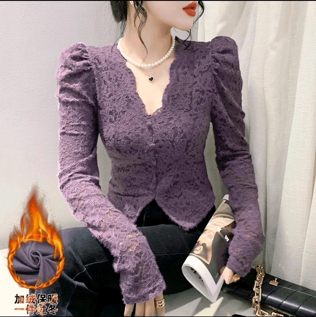 新款加绒蕾丝衫上班族通勤风女装高级感百搭时尚显瘦V领设计B2418