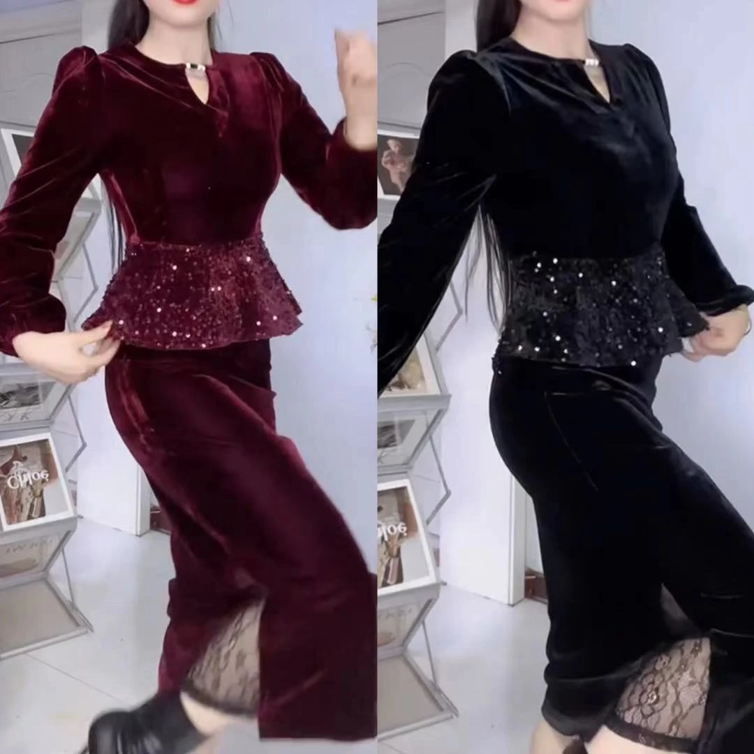 时尚金丝绒百搭气质显瘦套装