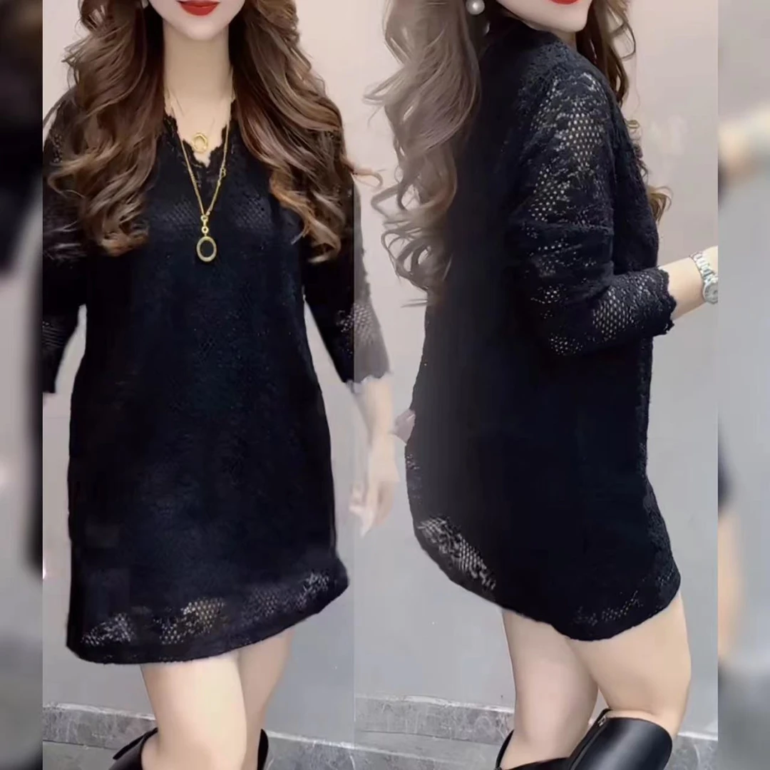 中长款宽松百搭韩版蕾丝遮肚打底衫