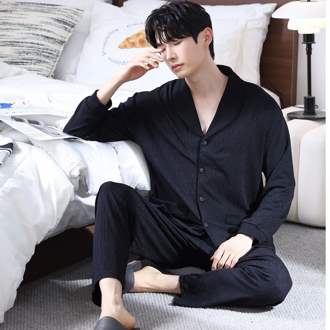 男士男款睡衣家居服套装棉春秋款大码休闲大翻领宽松长袖