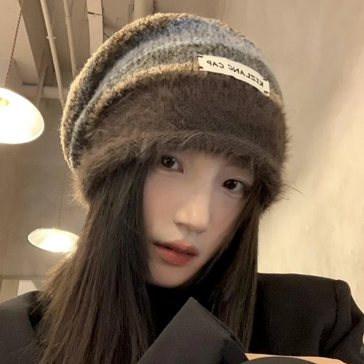 美拉德毛绒包头针织堆堆帽子女秋冬大头围防寒保暖百搭毛线帽冷帽