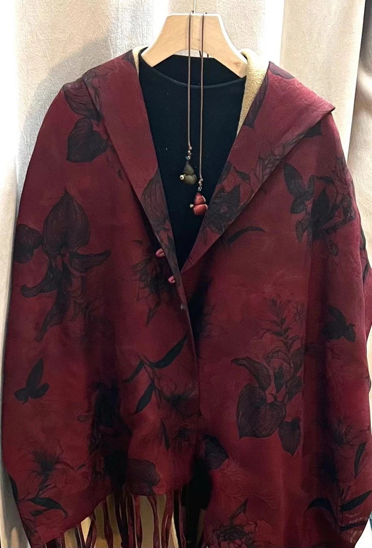 香云纱长巾-裁红枝-苏罗盘扣50*190cm披肩