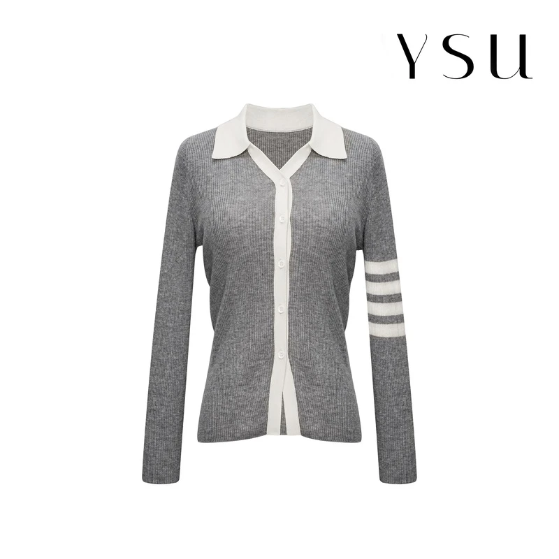 YSU【余书】新款时尚简约撞色POLO领长袖针织衫Y330111