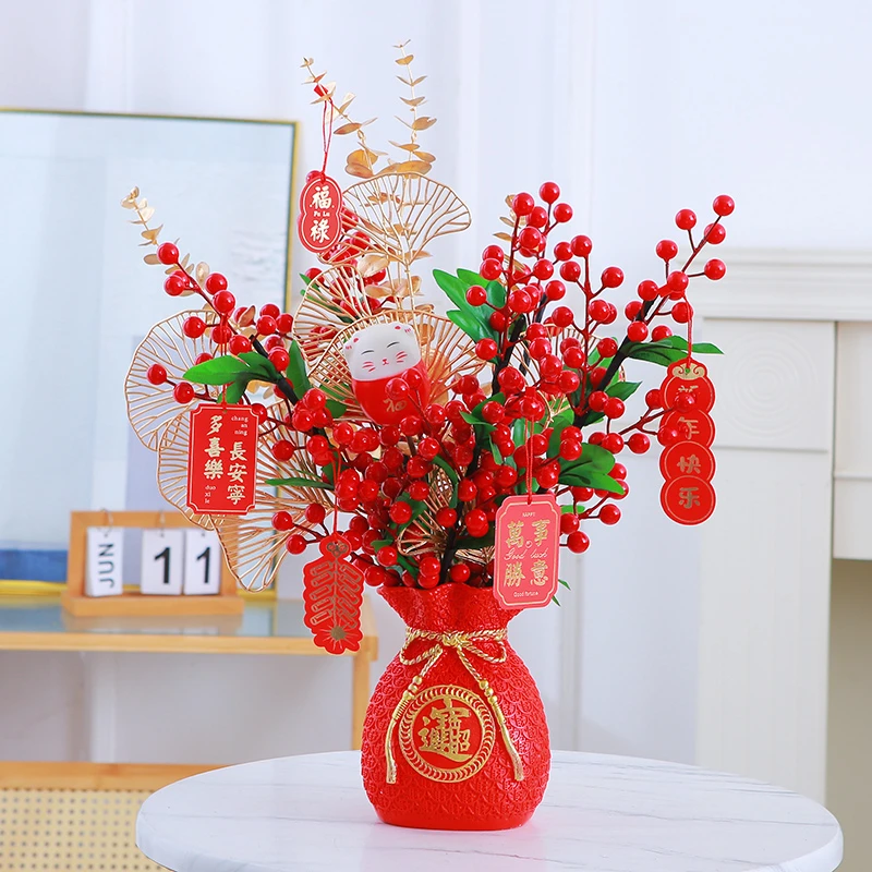 发发果桌摆红果客厅摆件乔迁新居喜事年宵花家居饰品高级感仿真花