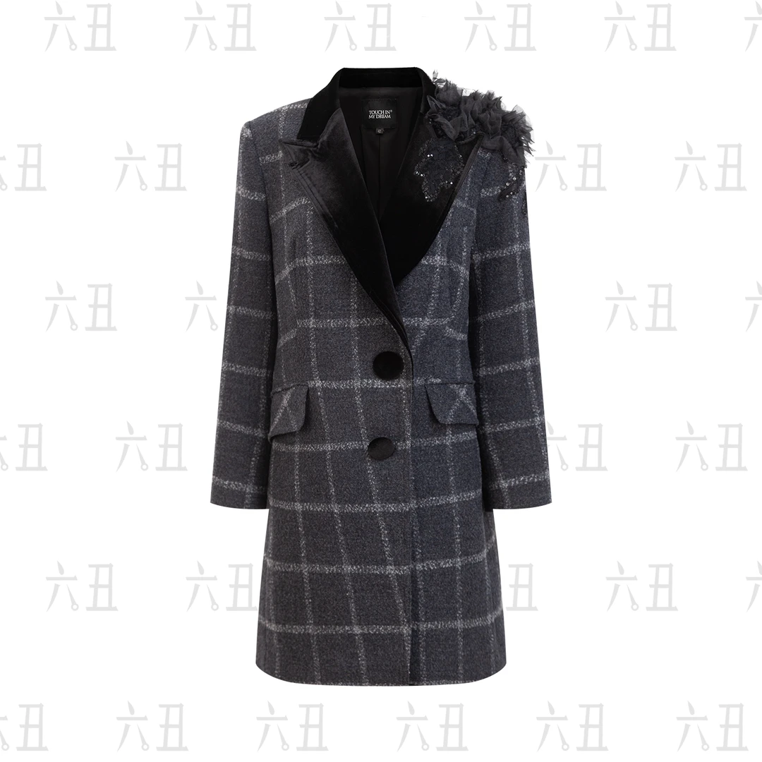 六丑【高定风衣】新款高级定制感灰格子丝绒领风衣外套408AFY0021