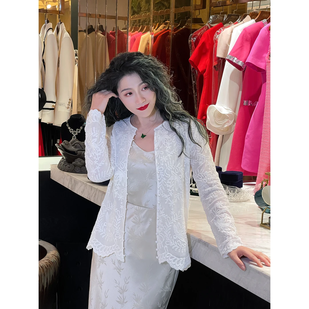 六丑【江南美人】新款气质新中式树叶刺绣提花开衫外套403ACS0072