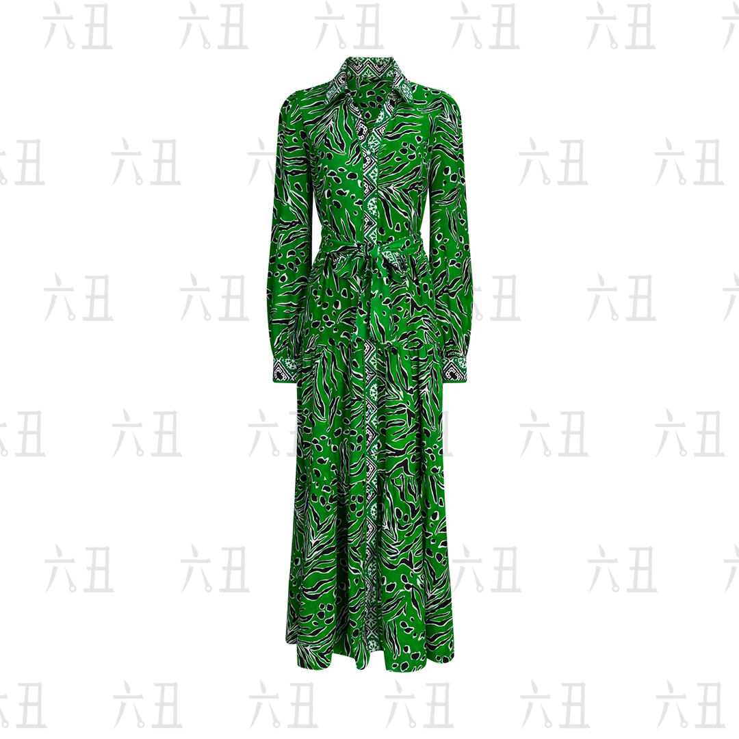 【六丑】新款优雅长袖衬衫领收腰系带绿色底黑花连衣裙408LYQ0588