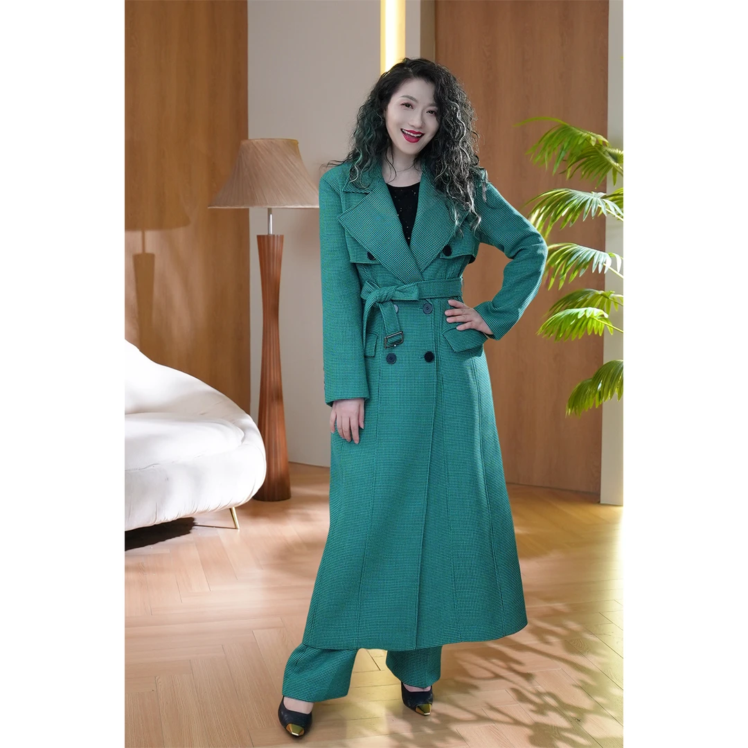 六丑【高定大衣】新款高级定制款腰带绿色千鸟格大衣409ADY0120