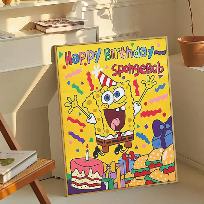 海绵宝宝数字油画diy手工礼物填色卡通油彩画生日快乐涂色装饰画