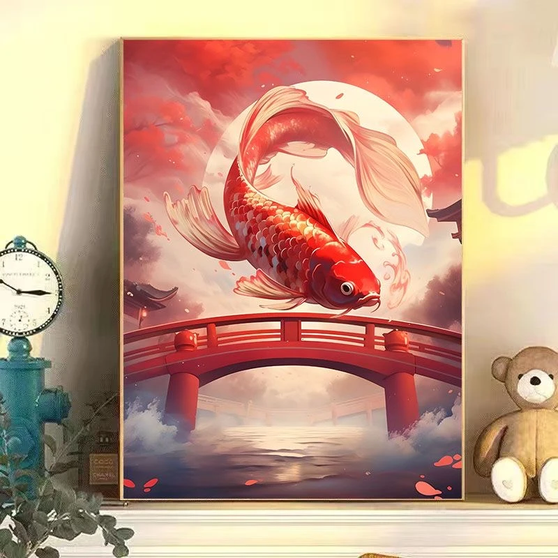 国风锦鲤数字油画diy填色手工礼物涂色卡通手绘油彩画客厅装饰画