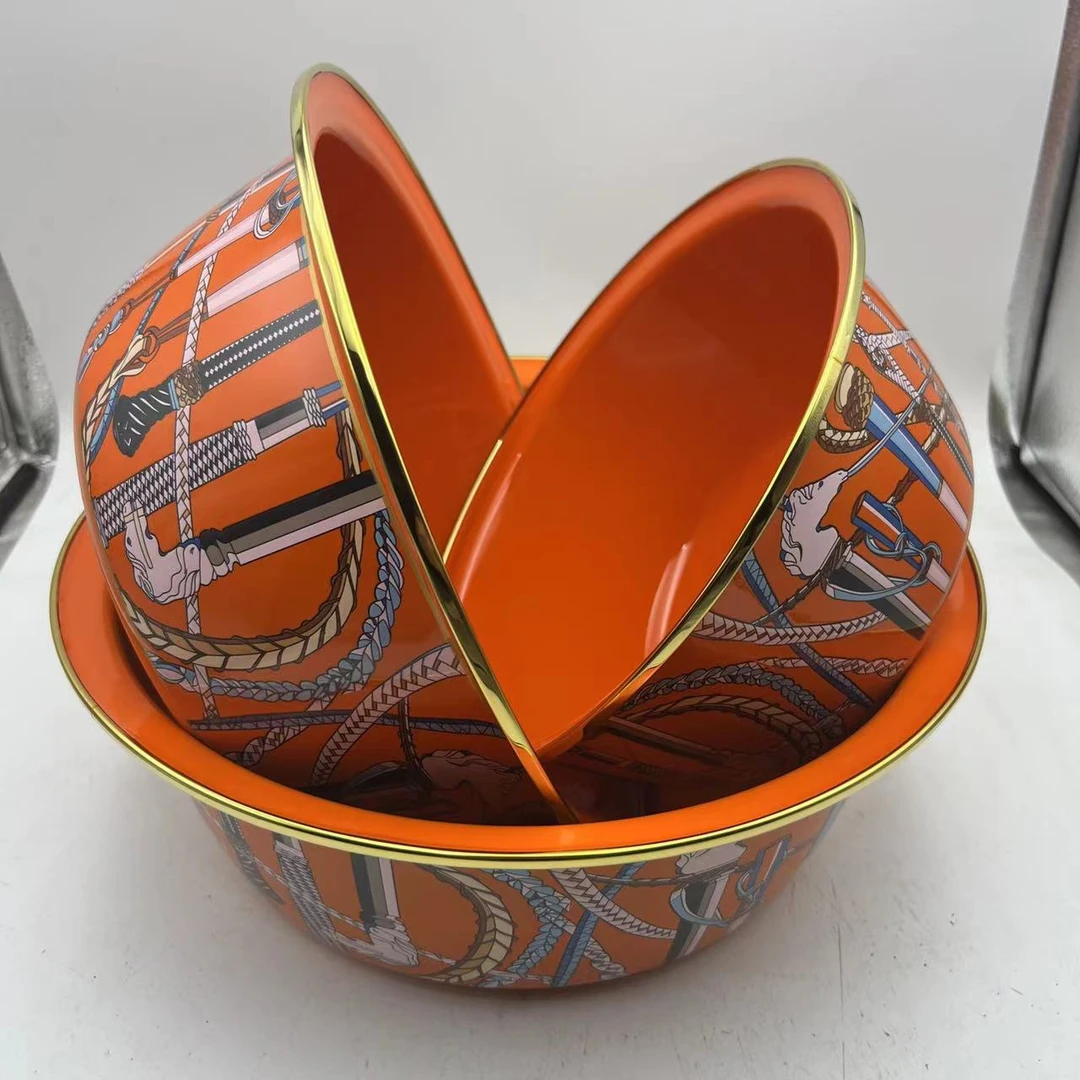 24cm 28cm 32cm【爱马仕橙】搪瓷珐琅和面盆三件套带盖子