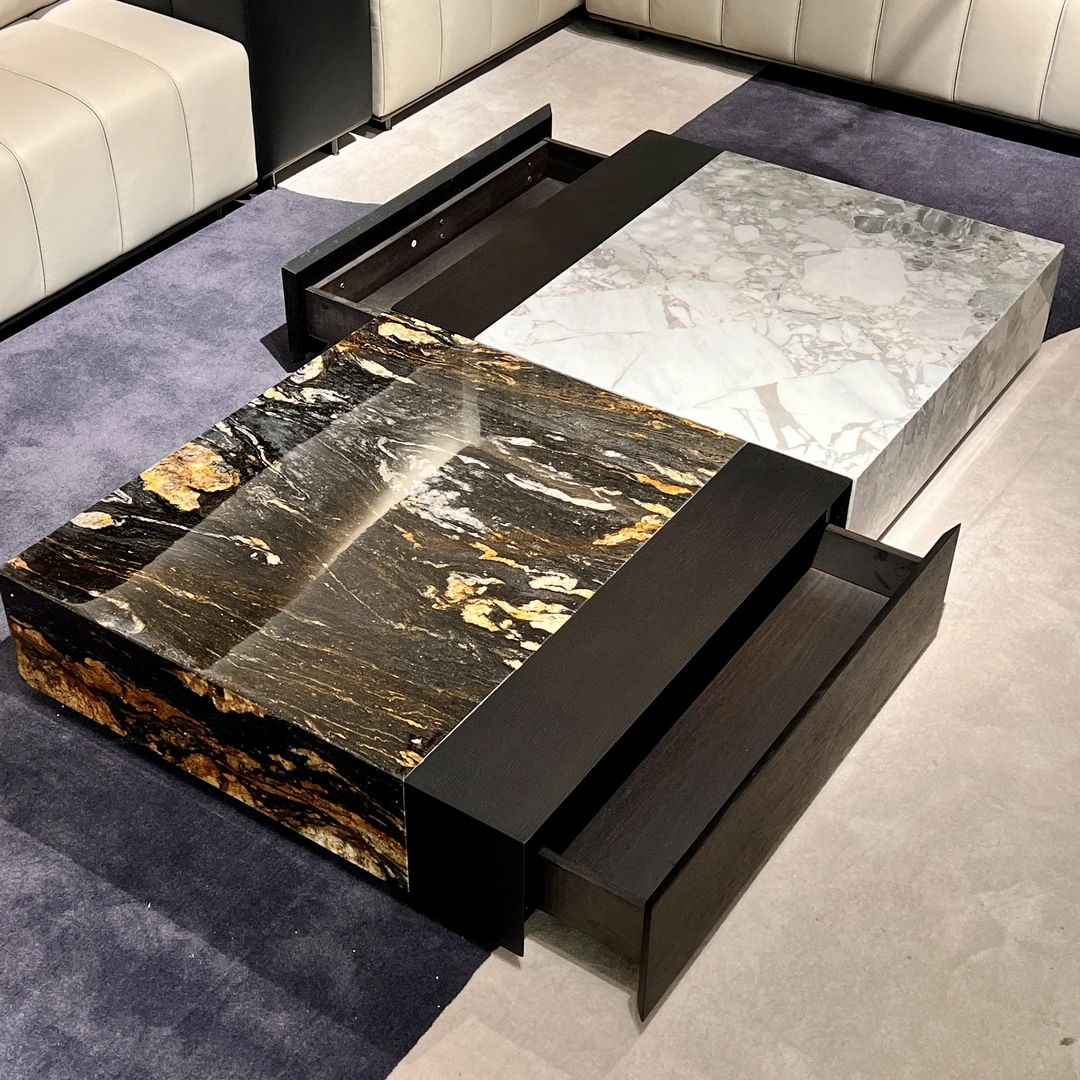 【黛分迪】方茶几天然大理石奢石茶几家用客厅茶几带抽屉储物