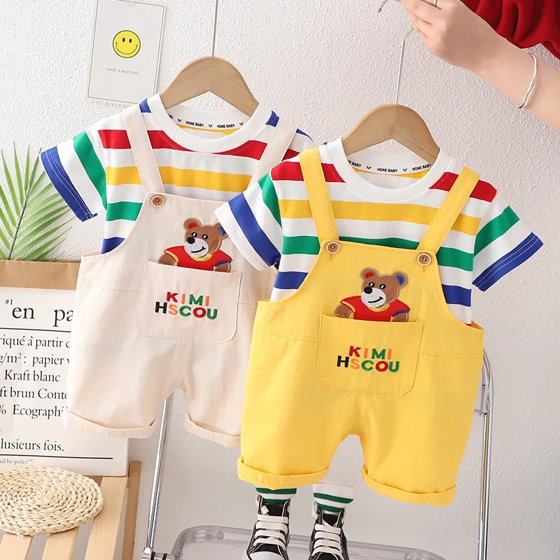 【沫沫家】宝宝小熊洋气背带套装男童女童夏季时髦短袖T恤两件套