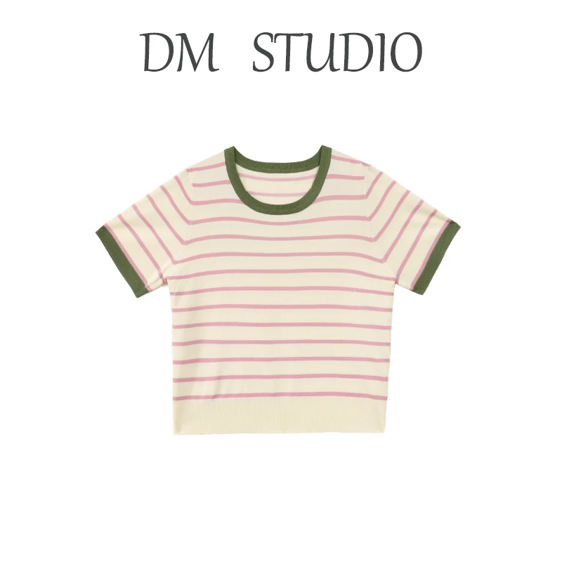 DM18056【甜果】春季撞色正肩条纹减龄显瘦套头针织衫