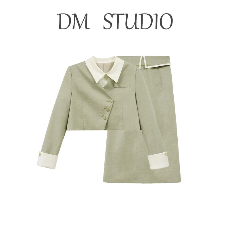 DM16950【抹茶奶咖】翻领修饰脖颈曲线遮胯显瘦精致时尚套装