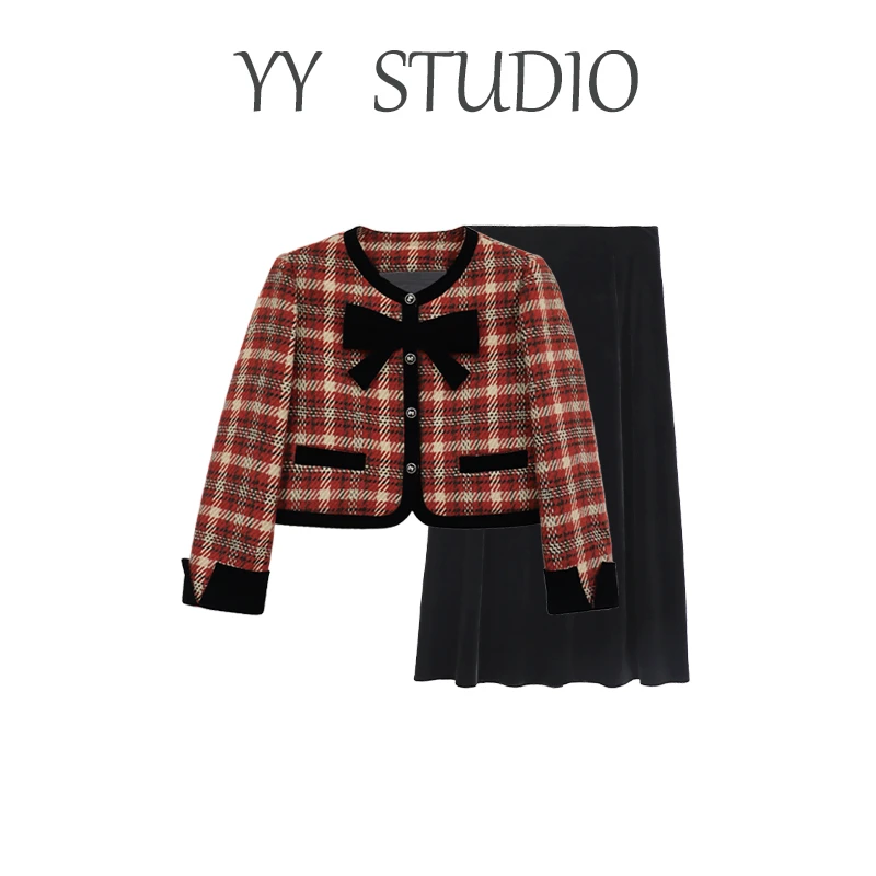 DM16832【爱神日记】双色格纹小香风复古法式秋冬时尚套装格子