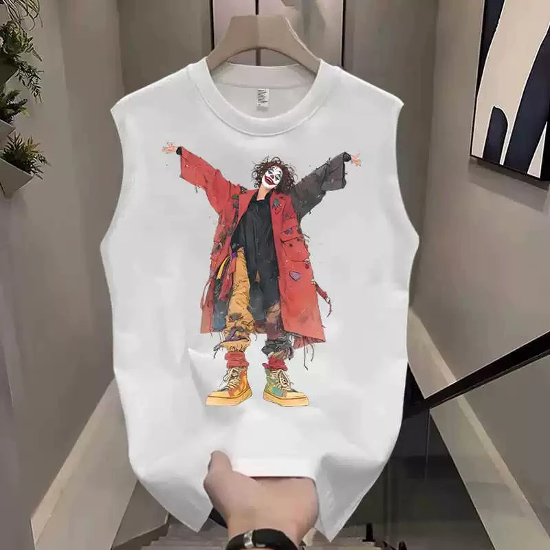 夏季男士休闲背心透气印花运动坎袖上衣健身潮流大码汗衫个性无袖