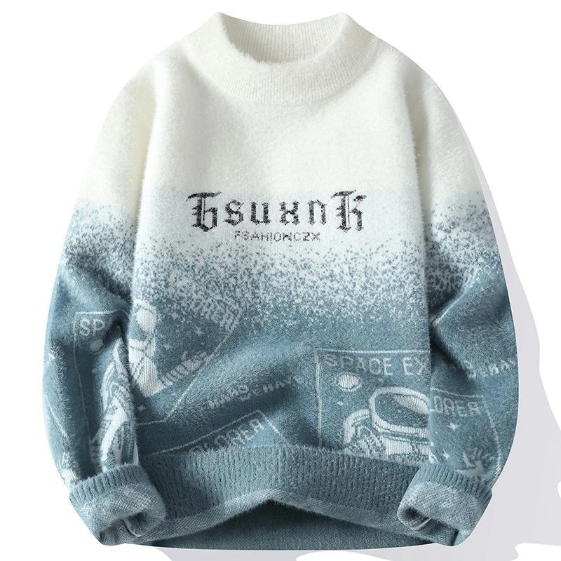 祥校仿水貂绒宽松男秋冬青少年大童加绒加厚保暖中学生打底针织衫