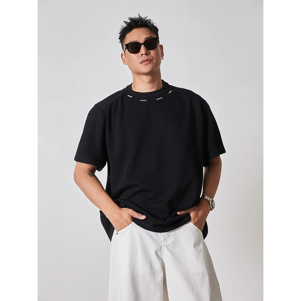 宋春江同款 夏季简约纯色休闲百搭短袖痞帅高级感手工钢标设计T恤