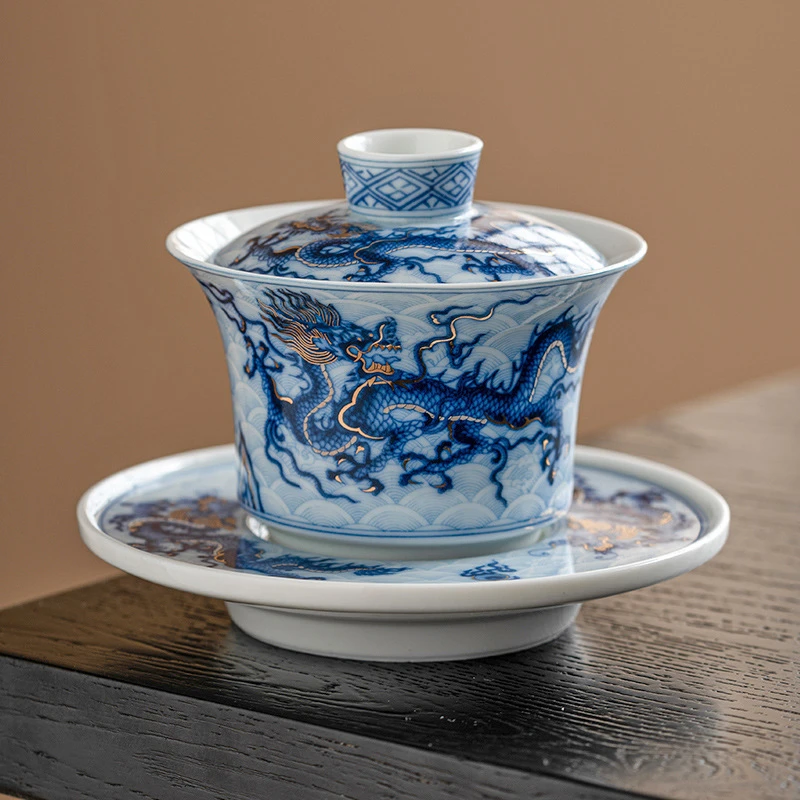 金银错青花龙纹三才盖碗单个高档中式陶瓷功夫茶具家用泡茶碗