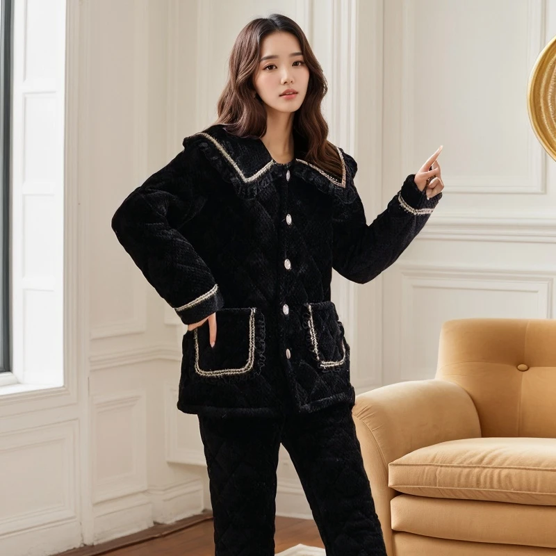 2024新款珊瑚绒三层夹棉睡衣女士大码秋冬季天外出加绒超厚睡衣男