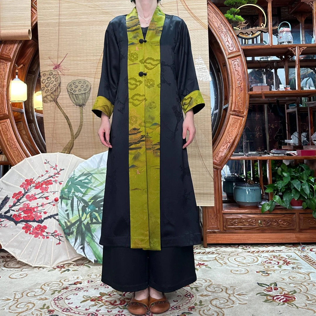 70姆米重缎滕王阁序香云纱100桑蚕丝直开襟风衣缝制中国风