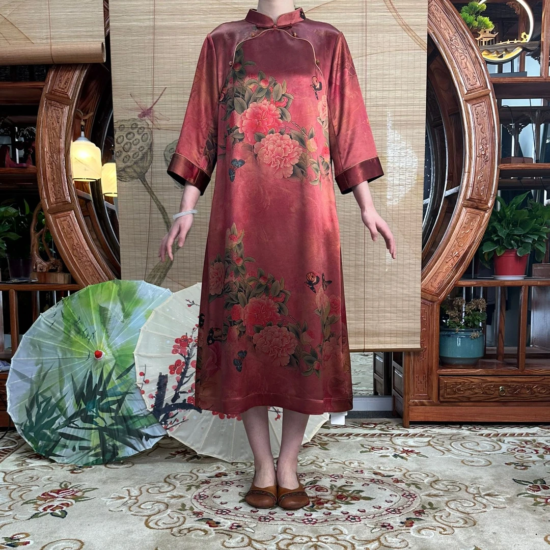 60姆米重緞粉底牡丹花开100桑蚕丝香云纱连衣裙面料缝制中国风