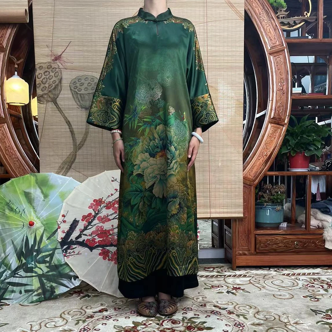 60姆米重缎绿底牡丹花开香云纱袍子100桑蚕丝面料缝制中国风