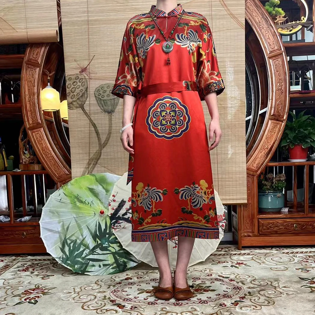 60姆米重缎五彩祥八宝花云香云纱袍子100桑蚕丝香云纱缝制中国风