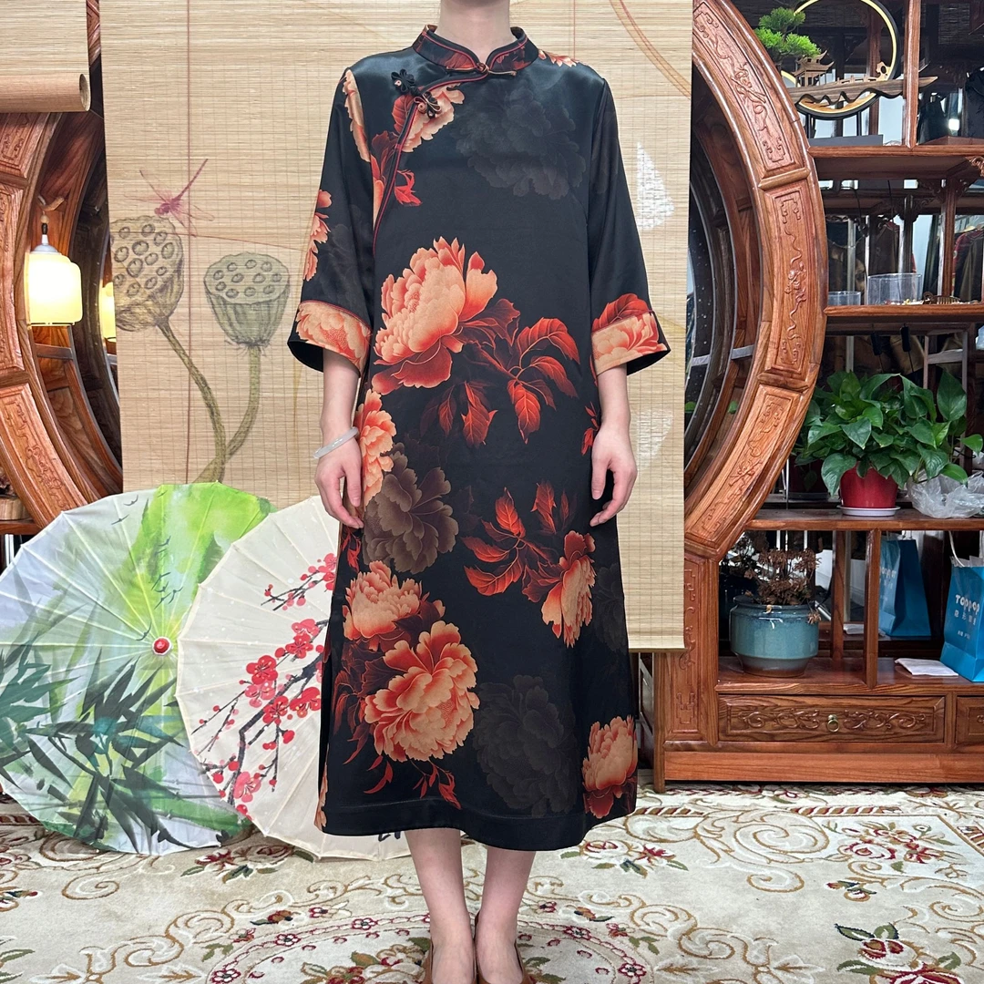 60姆米重缎夕阳红牡丹花开香云纱袍子100桑蚕丝香云纱中国风