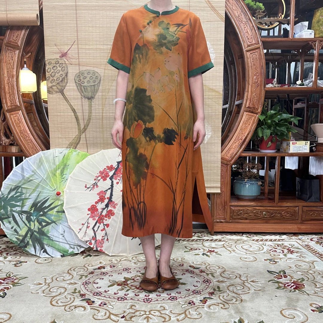 60姆米重锻荷塘月色100桑蚕丝红云缎连衣裙面料缝制中国风五分袖