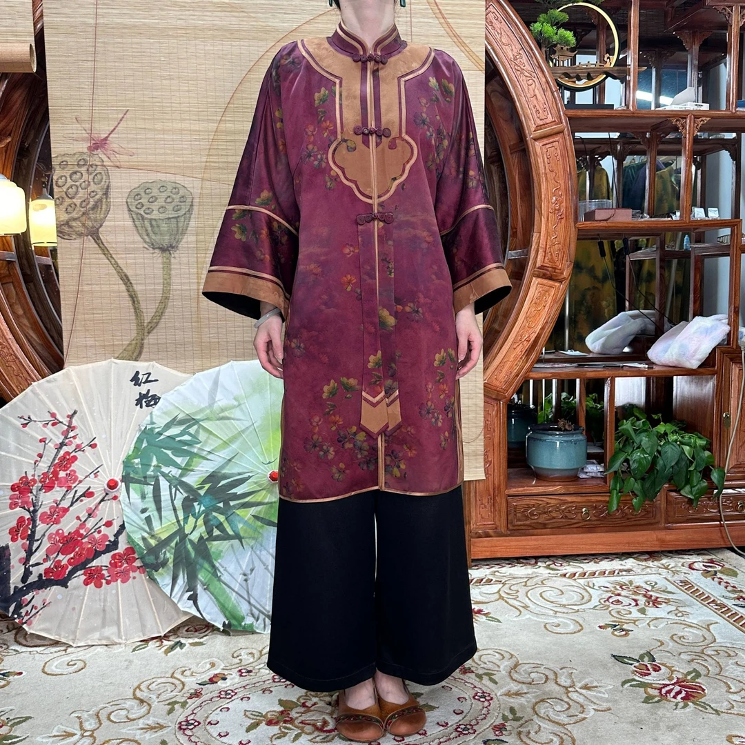 60姆米重缎吉祥如意四叶草中长款风衣直开襟100桑蚕丝香云纱国风