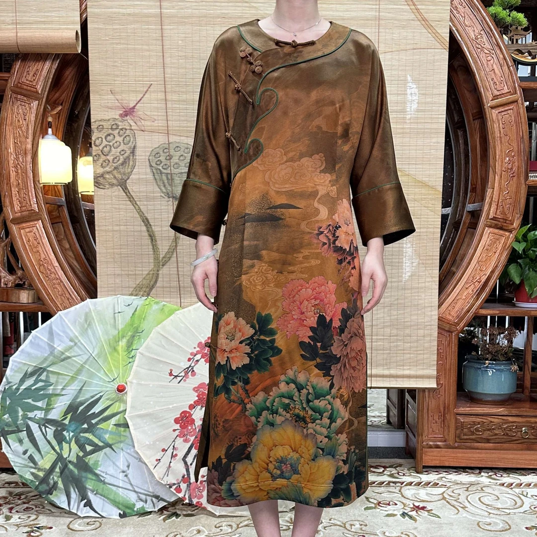 60姆米重锻缤纷牡丹花开100桑蚕丝香云纱气质袍子面料缝制中国风