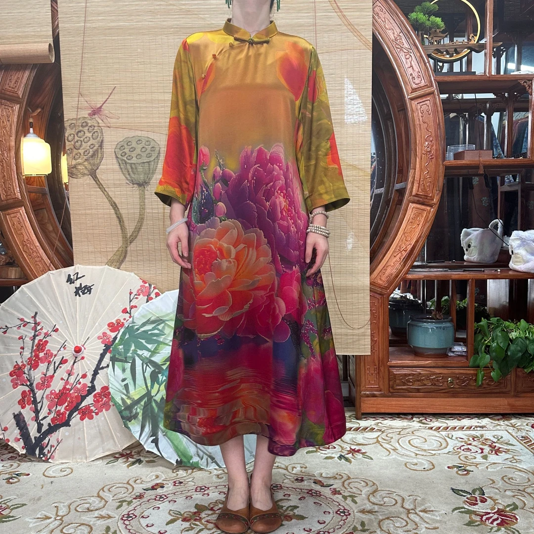 60姆米重缎橙底富贵牡丹花开香云纱连衣裙斜开襟100桑蚕丝中式