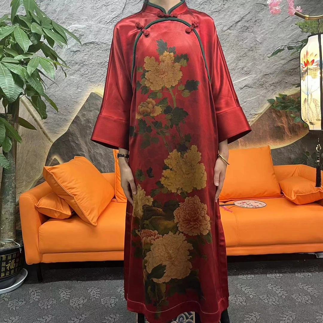 60姆米重缎红底牡丹花连衣裙100桑蚕丝香云纱连衣裙面料