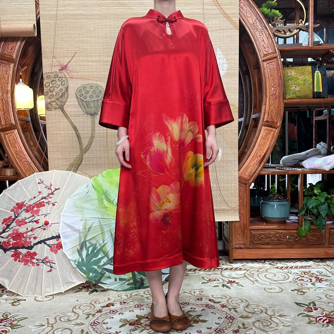 60姆米重缎红底郁金香香云纱袍子100桑蚕丝香云纱面料缝制中国风