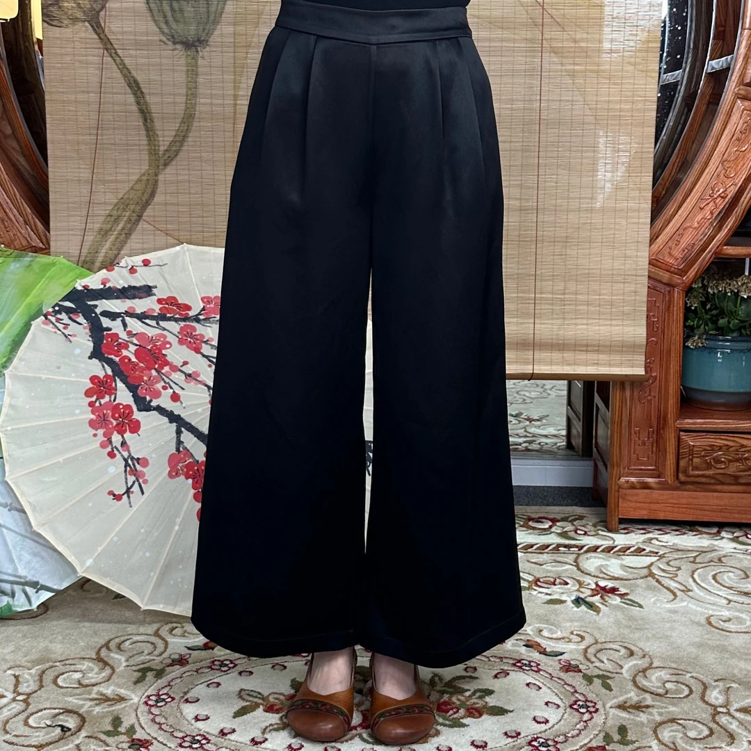 60姆米重缎皮子料阔腿裤100桑蚕丝香云纱面料缝制高档中式重工