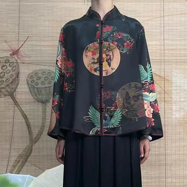 60姆米重缎黑底凤舞九天上衣100桑蚕丝香云纱面料缝制中国风