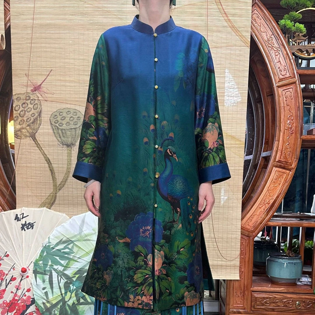 70姆米重缎孔雀开屏吉祥富贵100桑蚕丝香云纱风衣直开襟中式国风