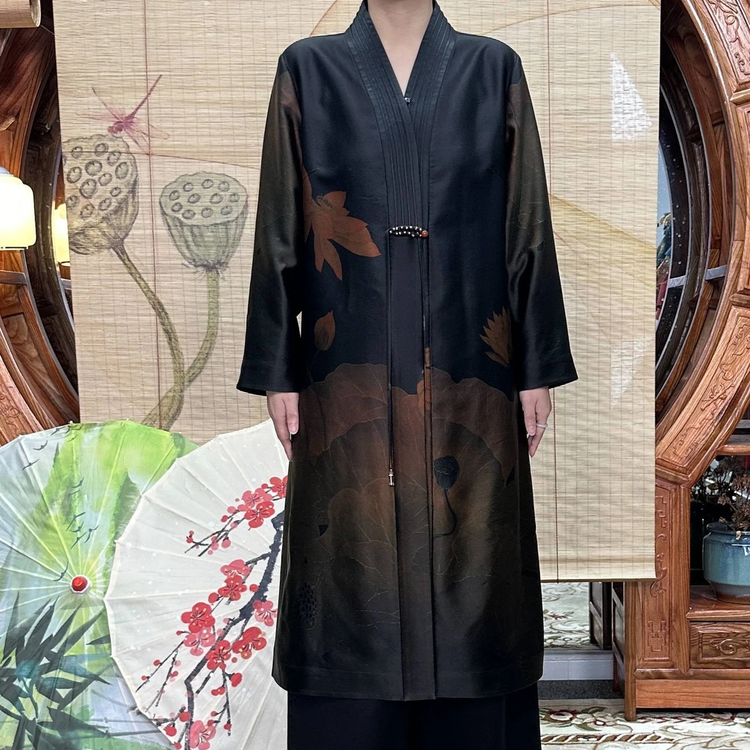 60姆米重锻渐变荷塘月色100桑蚕丝香云纱风衣面料缝制中国风