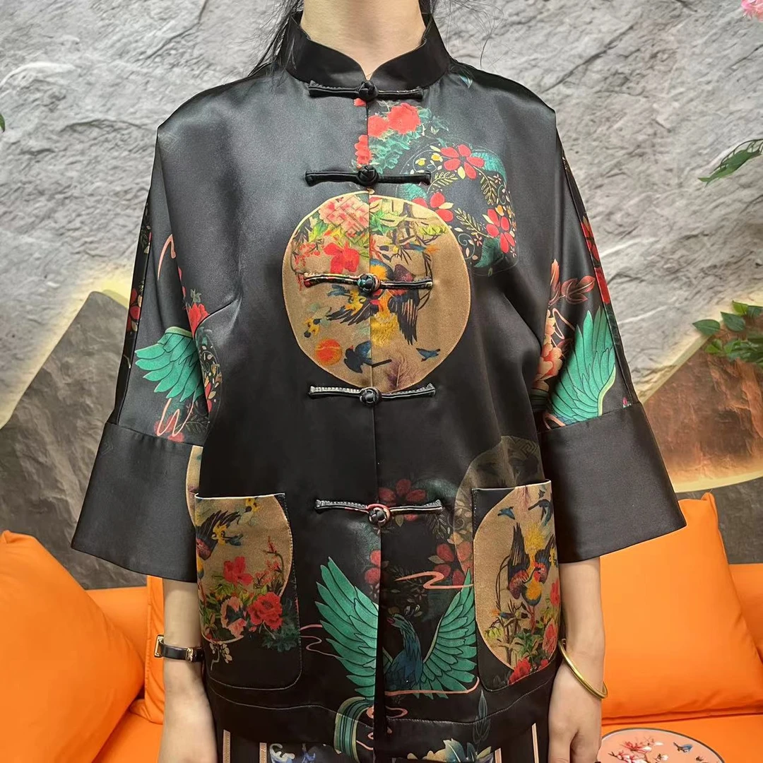 60姆米重缎凤舞九天黑色马褂100桑蚕丝香云纱面料缝制中国风