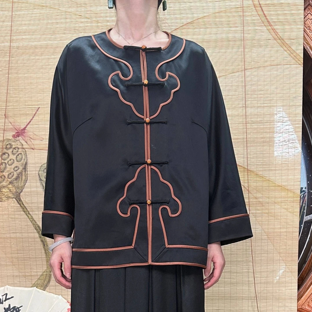 60姆米重缎吉祥如意马褂直开襟100桑蚕丝香云纱面料缝制国风