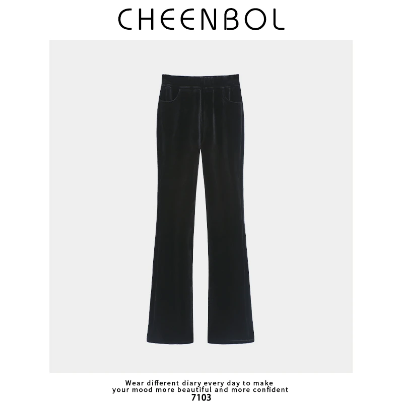 7103丝绒阔腿裤女秋冬新款气质休闲裤轻奢设计感小众黑色微喇裤