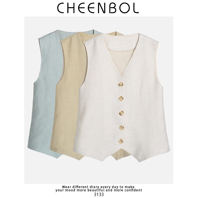 3133马甲棉麻春秋季新款女简约精致气质通勤无袖百搭时尚西装马夹