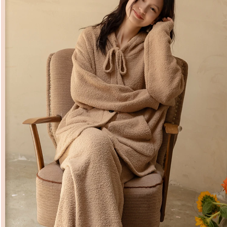 族玛士珊瑚绒睡衣女秋冬季半边绒软绵棉可外穿法兰绒家居服冬季款