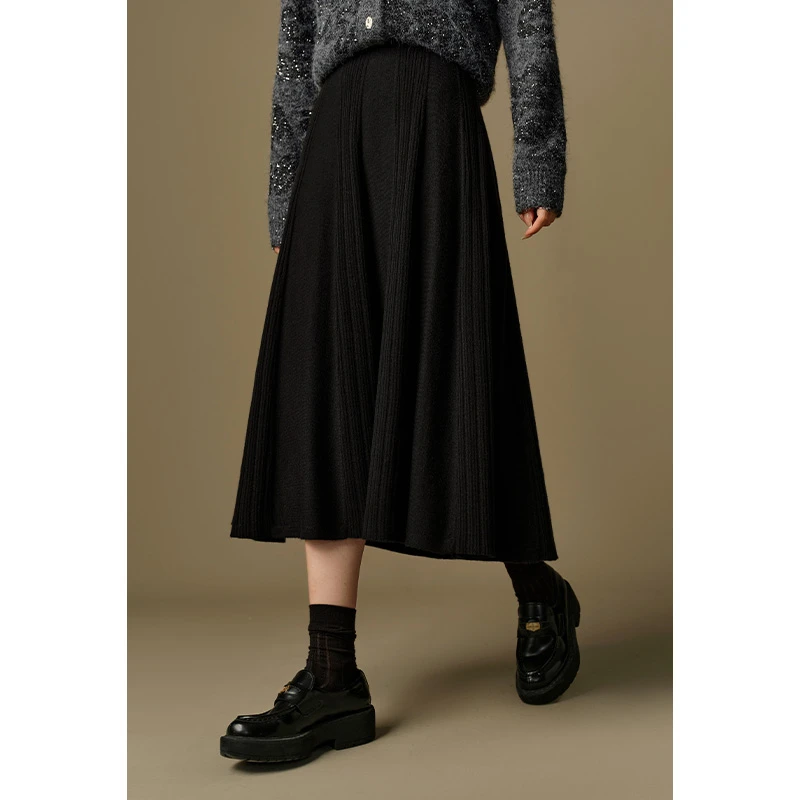 独束微胖大码女装温柔针织坑条伞裙通勤时尚百搭中长裙24DS84245